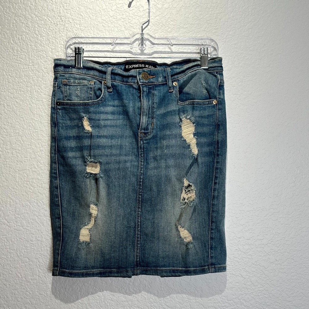 Express Jeans Straight & Pencil Skirt Womens 6 Blue Denim Distressed Tattered